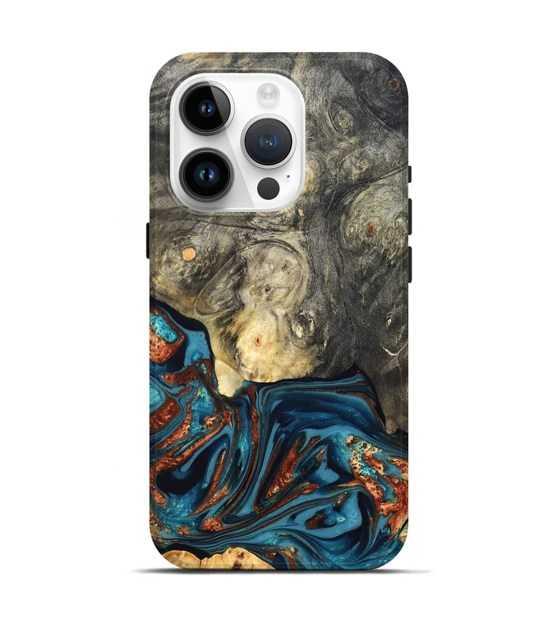 iPhone 15 Pro Wood Live Edge Phone Case - Keagan (Teal & Gold, 820711)