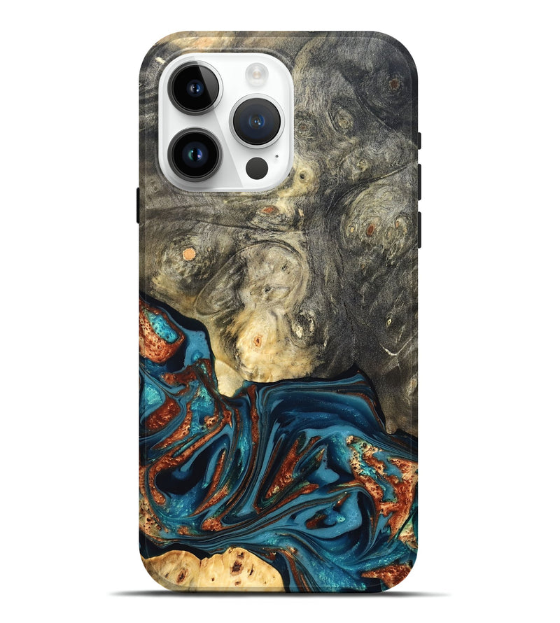 iPhone 15 Pro Max Wood Live Edge Phone Case - Keagan (Teal & Gold, 820711)
