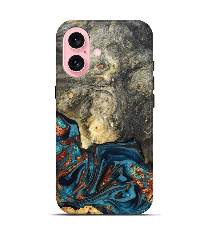 iPhone 16 Wood Live Edge Phone Case - Keagan (Teal & Gold, 820711)