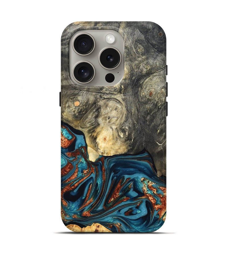 iPhone 16 Pro Wood Live Edge Phone Case - Keagan (Teal & Gold, 820711)