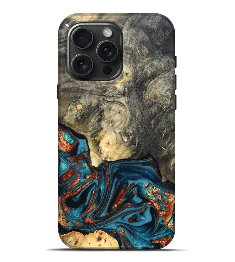 iPhone 16 Pro Max Wood Live Edge Phone Case - Keagan (Teal & Gold, 820711)