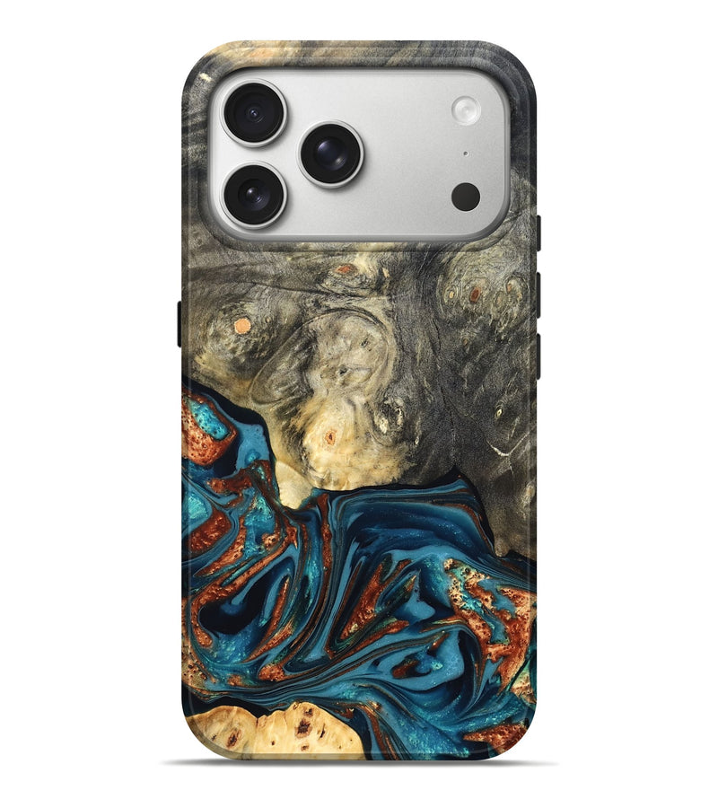 iPhone 17 Pro Max Wood Live Edge Phone Case - Keagan (Teal & Gold, 820711)