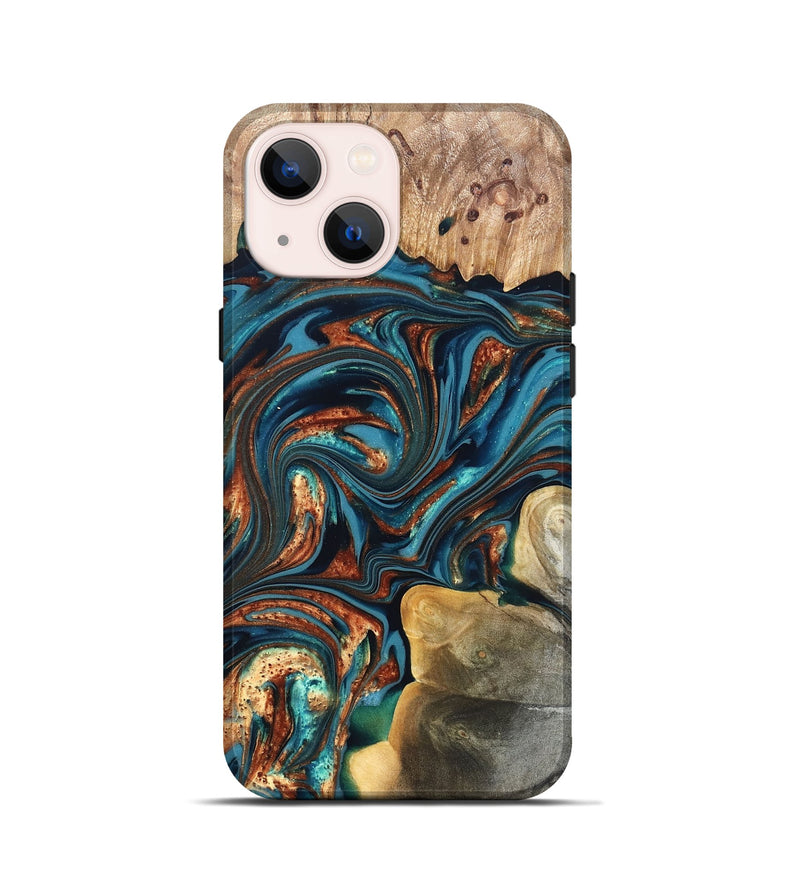 iPhone 13 mini Wood Live Edge Phone Case - Stefani (Teal & Gold, 820713)