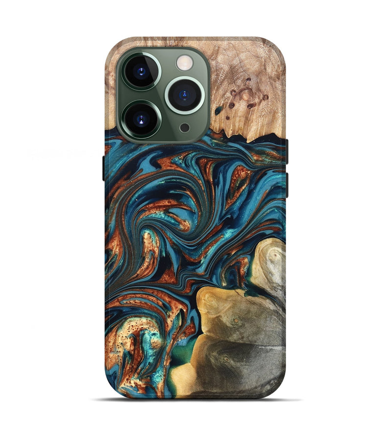 iPhone 13 Pro Wood Live Edge Phone Case - Stefani (Teal & Gold, 820713)