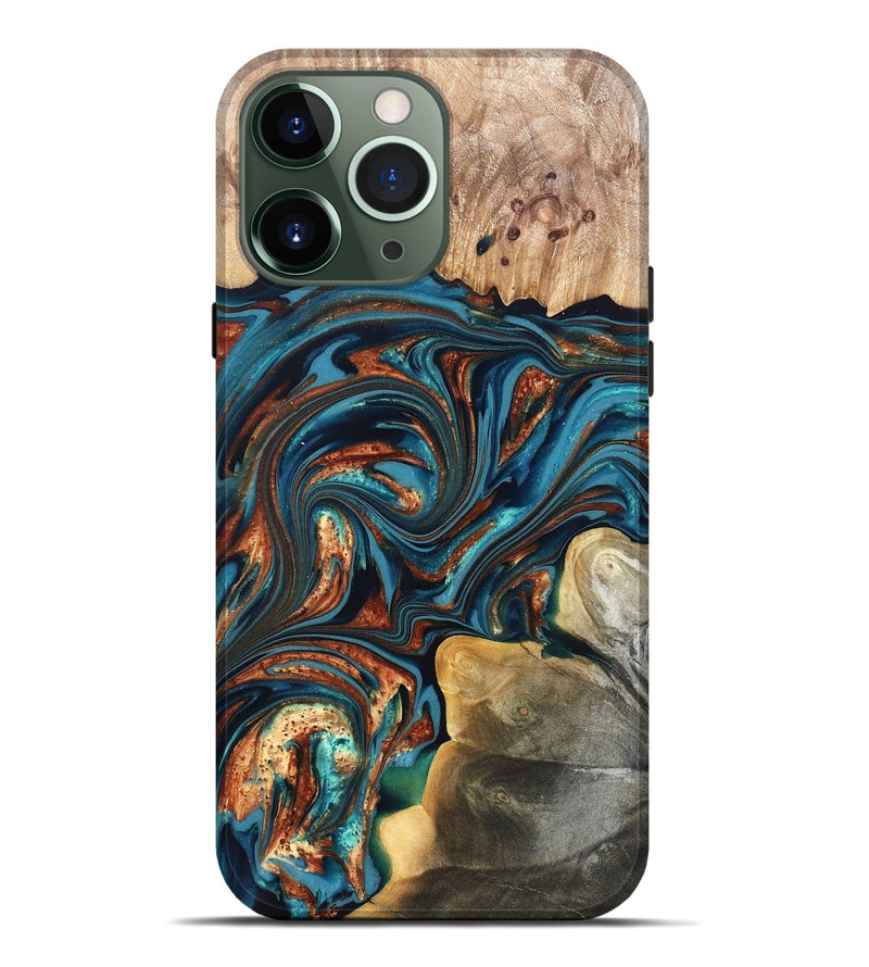 iPhone 13 Pro Max Wood Live Edge Phone Case - Stefani (Teal & Gold, 820713)