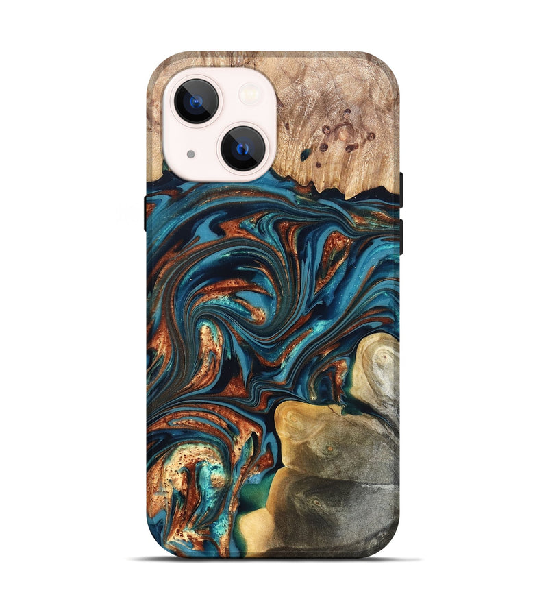 iPhone 14 Wood Live Edge Phone Case - Stefani (Teal & Gold, 820713)