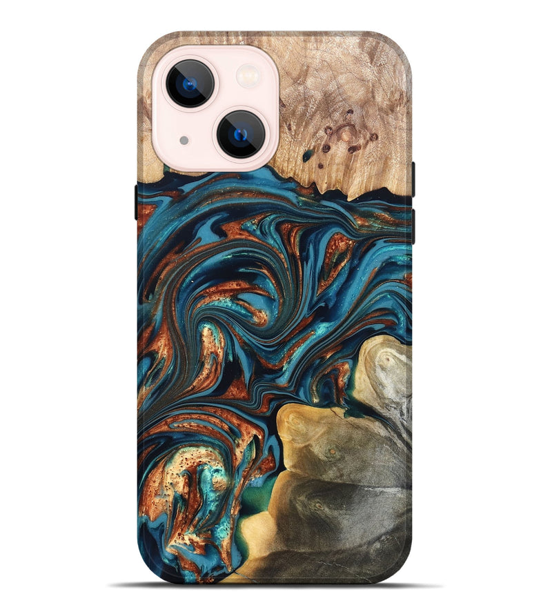 iPhone 14 Plus Wood Live Edge Phone Case - Stefani (Teal & Gold, 820713)