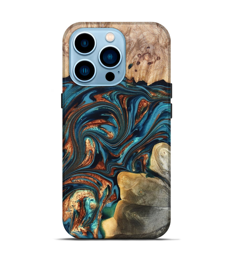 iPhone 14 Pro Wood Live Edge Phone Case - Stefani (Teal & Gold, 820713)