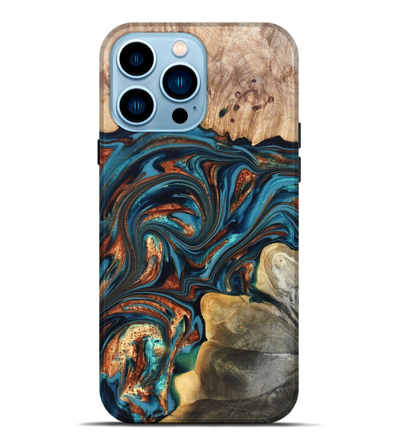 iPhone 14 Pro Max Wood Live Edge Phone Case - Stefani (Teal & Gold, 820713)