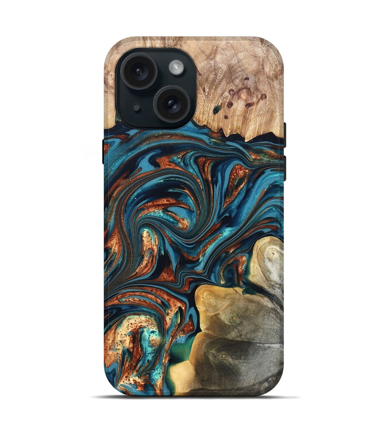 iPhone 15 Wood Live Edge Phone Case - Stefani (Teal & Gold, 820713)