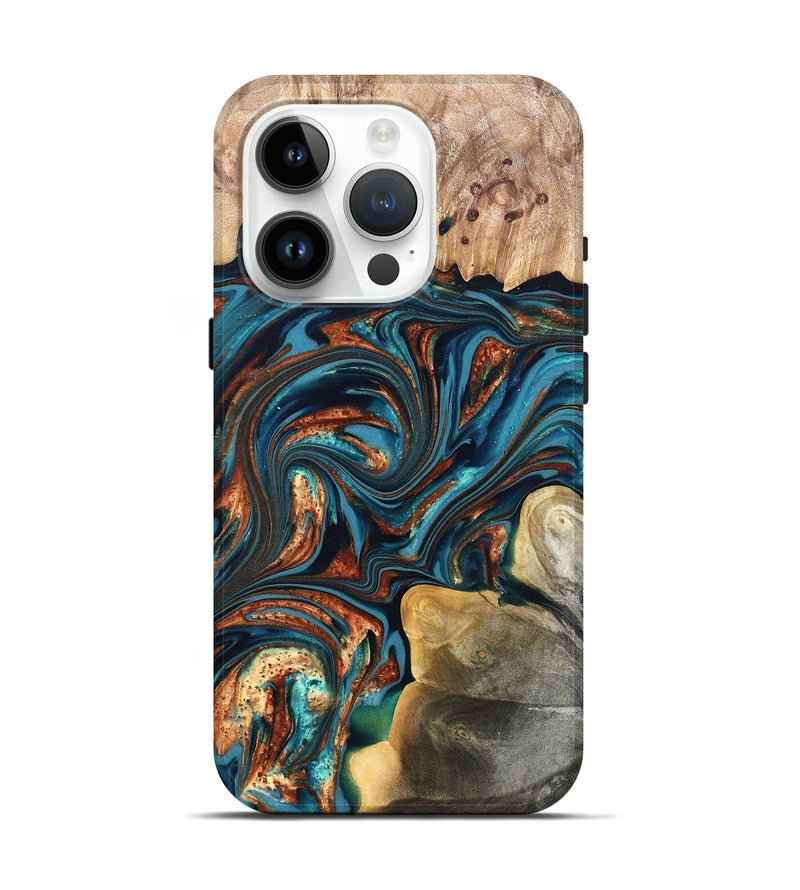 iPhone 15 Pro Wood Live Edge Phone Case - Stefani (Teal & Gold, 820713)