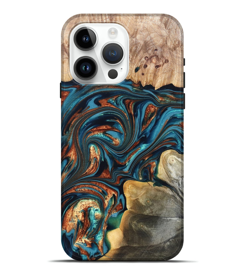 iPhone 15 Pro Max Wood Live Edge Phone Case - Stefani (Teal & Gold, 820713)