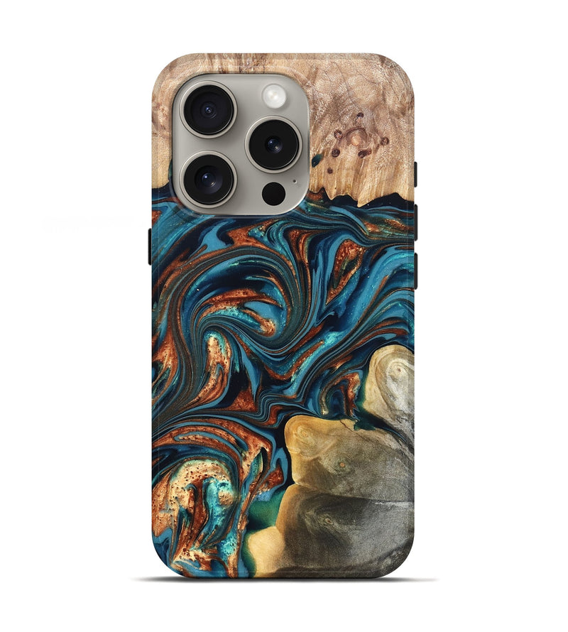 iPhone 16 Pro Wood Live Edge Phone Case - Stefani (Teal & Gold, 820713)