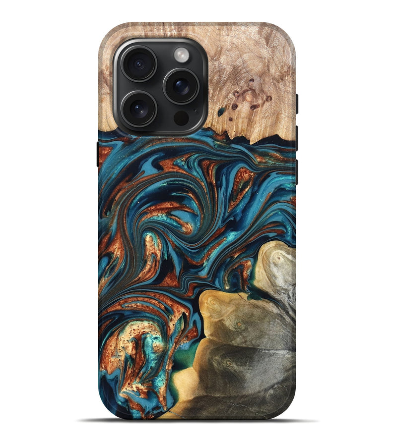 iPhone 16 Pro Max Wood Live Edge Phone Case - Stefani (Teal & Gold, 820713)