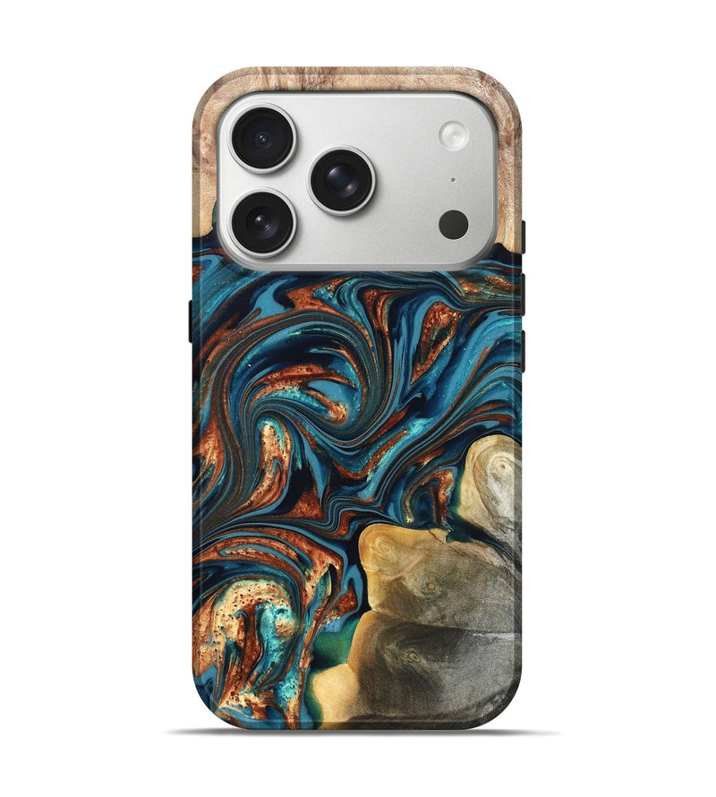 iPhone 17 Pro Wood Live Edge Phone Case - Stefani (Teal & Gold, 820713)