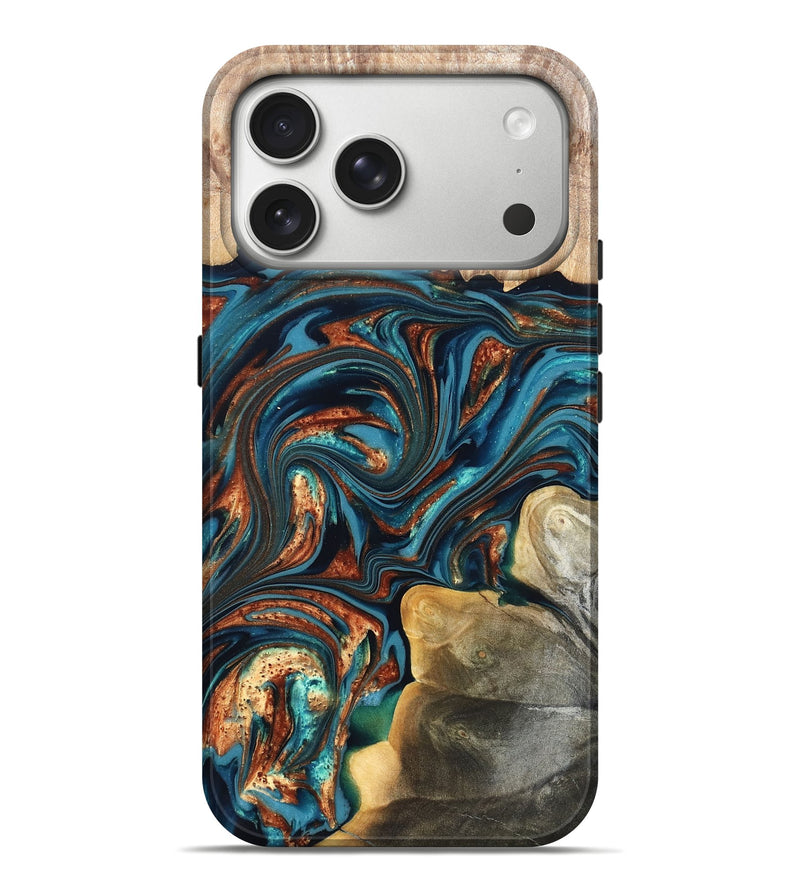 iPhone 17 Pro Max Wood Live Edge Phone Case - Stefani (Teal & Gold, 820713)
