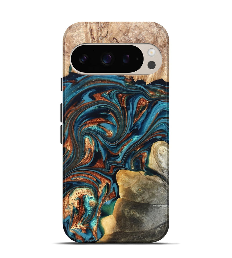 Pixel 9 Pro Wood Live Edge Phone Case - Stefani (Teal & Gold, 820713)