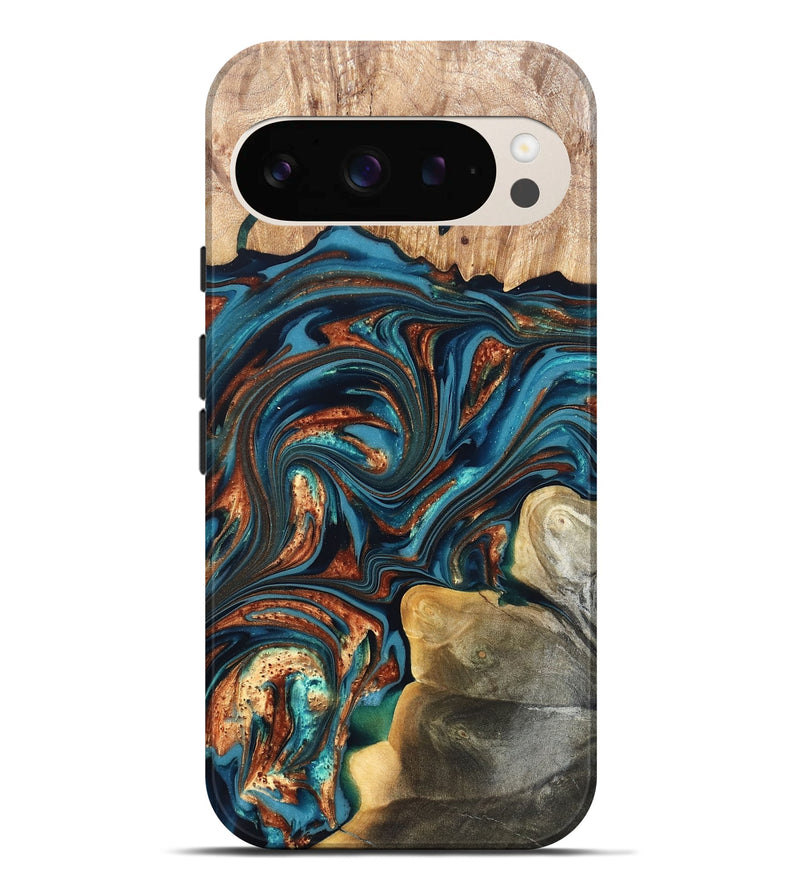 Pixel 9 Pro XL Wood Live Edge Phone Case - Stefani (Teal & Gold, 820713)