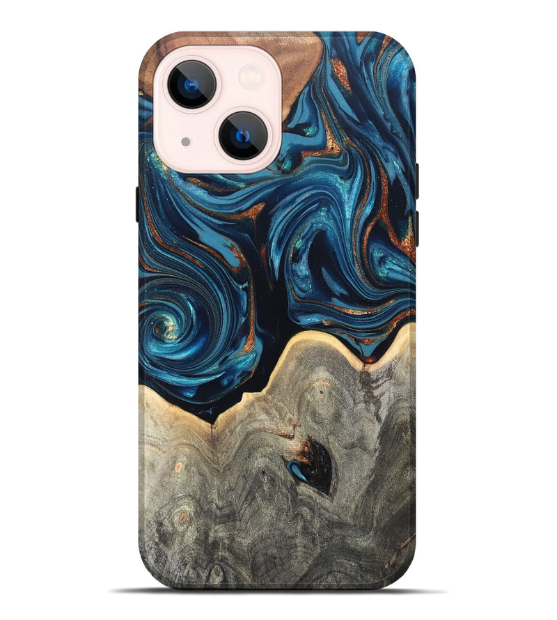iPhone 14 Plus Wood Live Edge Phone Case - Glen (Teal & Gold, 820714)