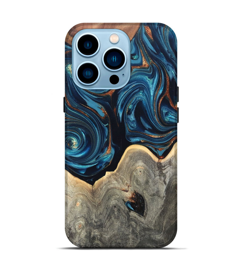iPhone 14 Pro Wood Live Edge Phone Case - Glen (Teal & Gold, 820714)