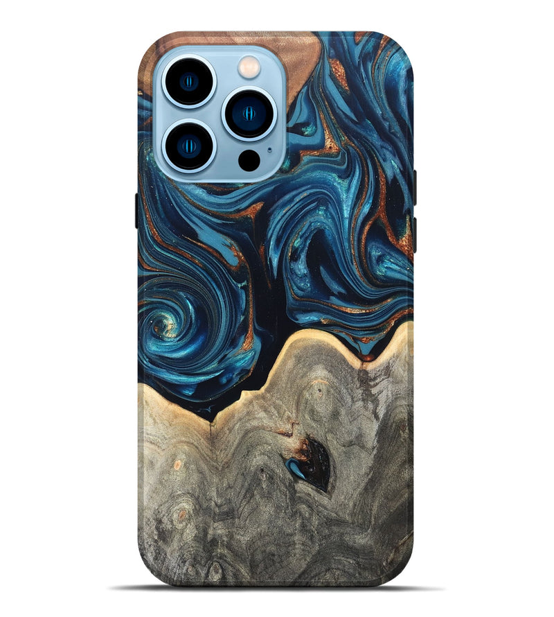 iPhone 14 Pro Max Wood Live Edge Phone Case - Glen (Teal & Gold, 820714)