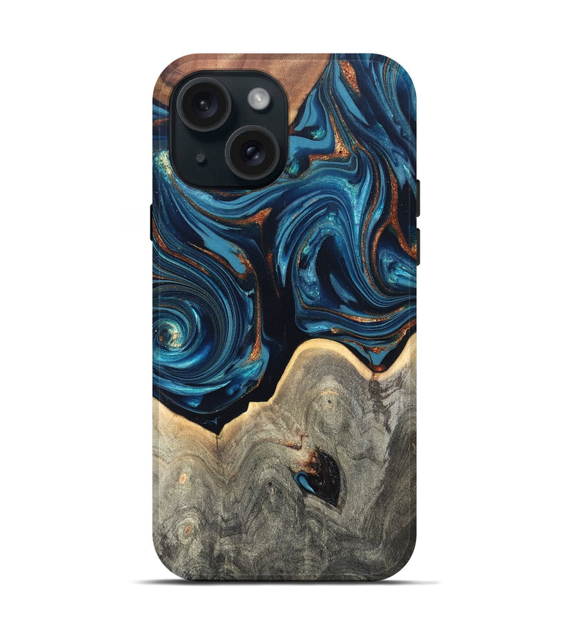 iPhone 15 Wood Live Edge Phone Case - Glen (Teal & Gold, 820714)