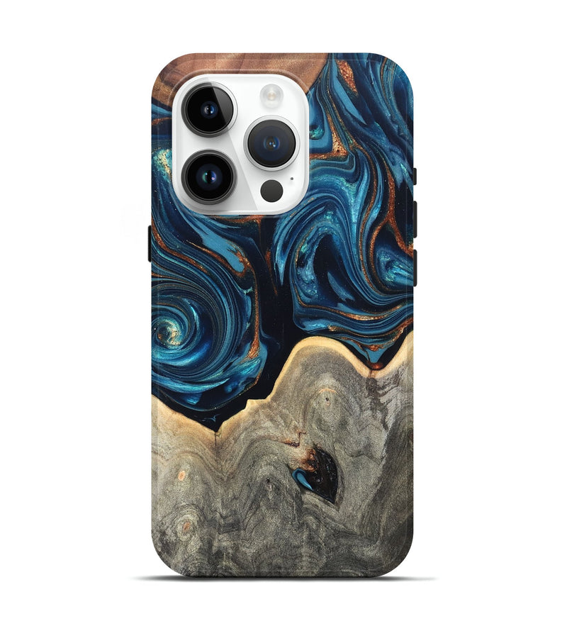 iPhone 15 Pro Wood Live Edge Phone Case - Glen (Teal & Gold, 820714)