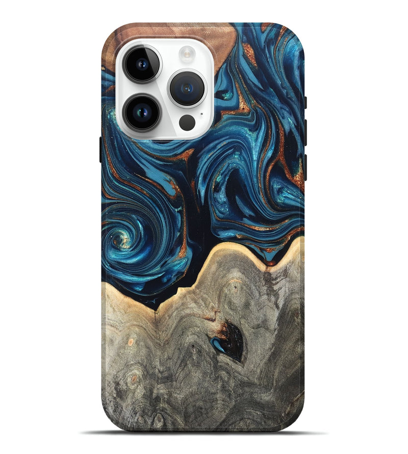iPhone 15 Pro Max Wood Live Edge Phone Case - Glen (Teal & Gold, 820714)