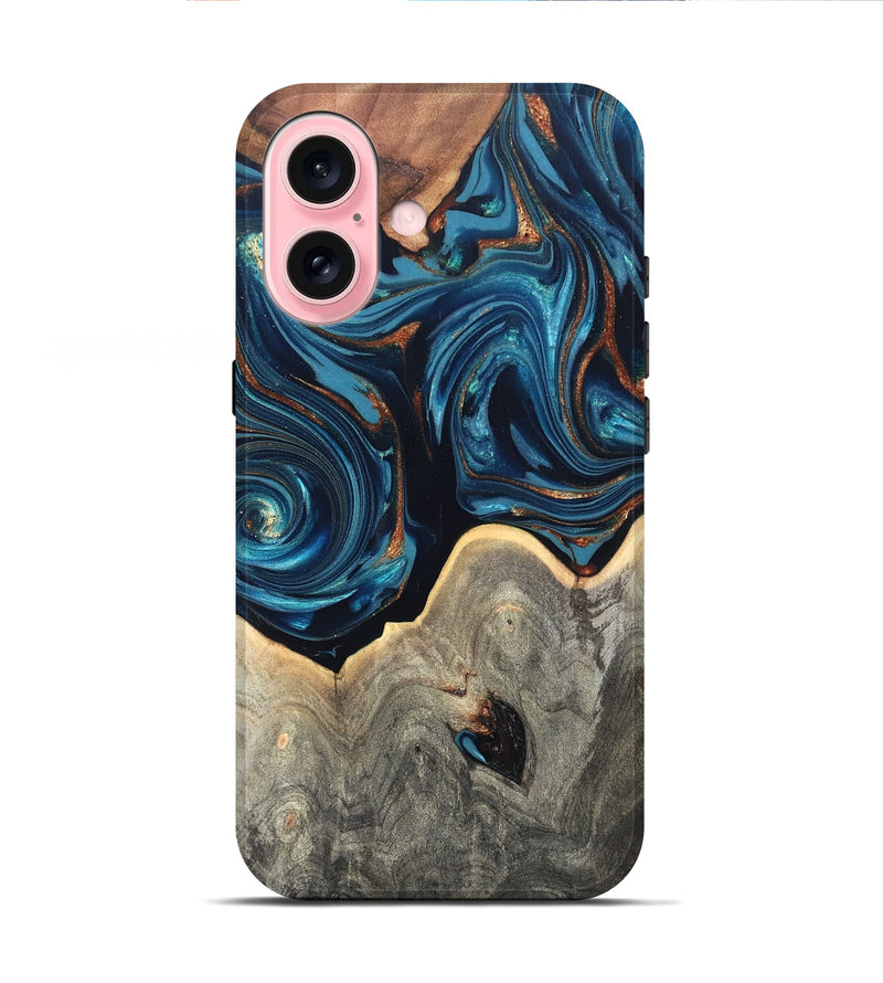 iPhone 16 Wood Live Edge Phone Case - Glen (Teal & Gold, 820714)