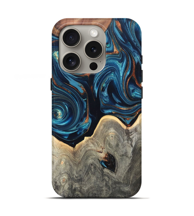 iPhone 16 Pro Wood Live Edge Phone Case - Glen (Teal & Gold, 820714)