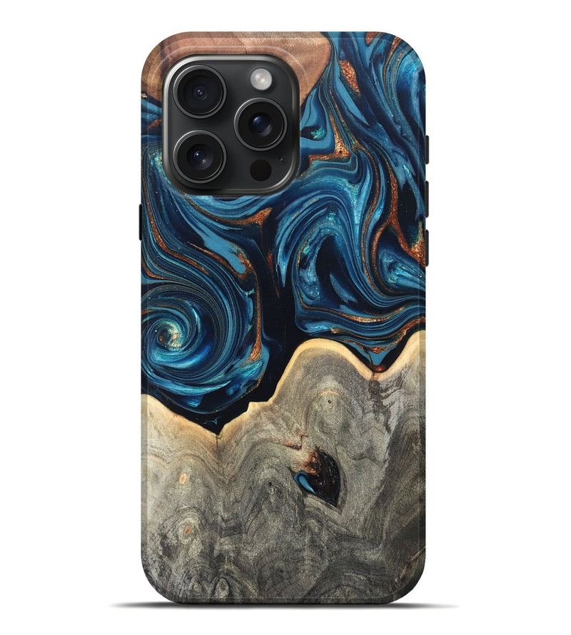 iPhone 16 Pro Max Wood Live Edge Phone Case - Glen (Teal & Gold, 820714)