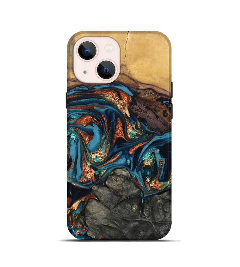 iPhone 13 mini Wood Live Edge Phone Case - Roy (Teal & Gold, 820715)