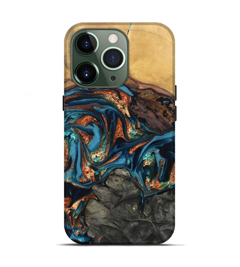 iPhone 13 Pro Wood Live Edge Phone Case - Roy (Teal & Gold, 820715)
