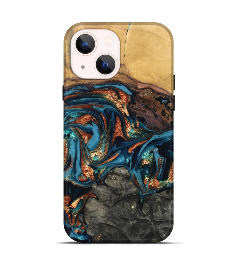 iPhone 14 Wood Live Edge Phone Case - Roy (Teal & Gold, 820715)