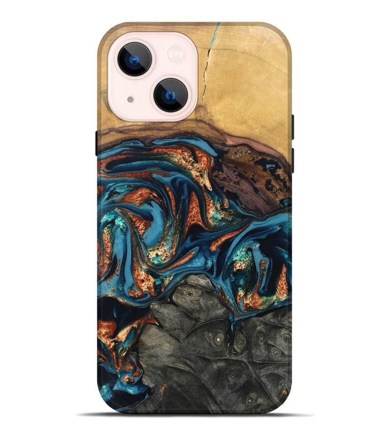 iPhone 14 Plus Wood Live Edge Phone Case - Roy (Teal & Gold, 820715)