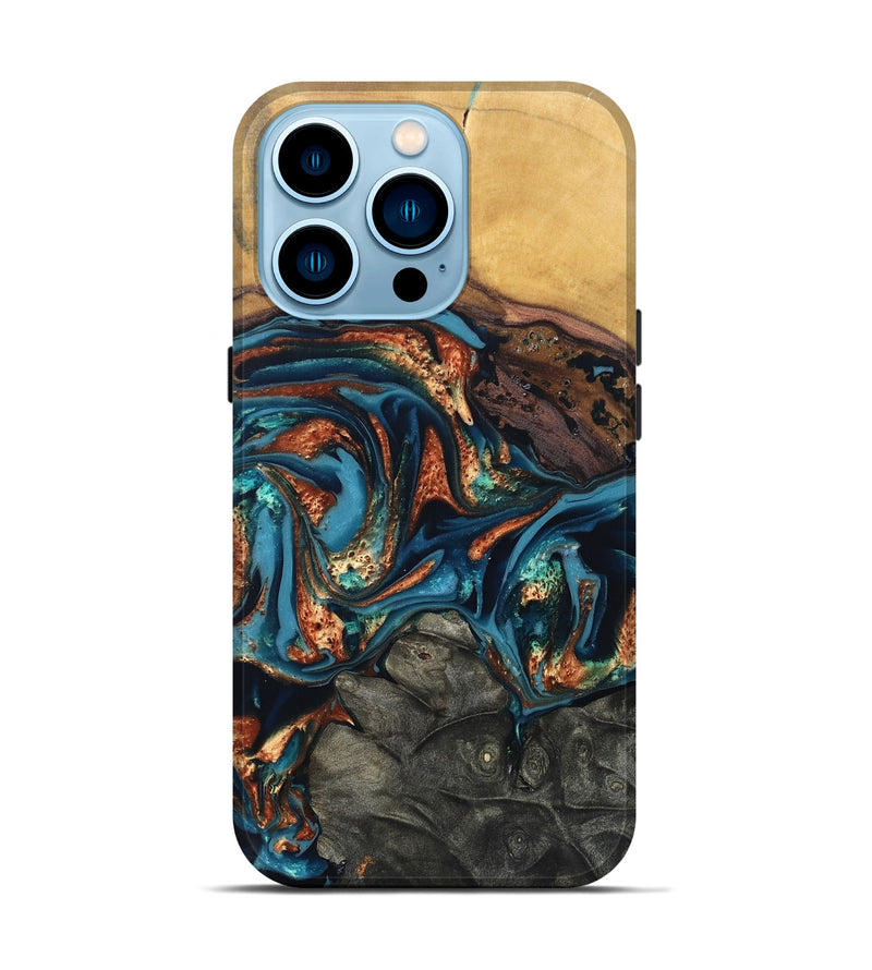 iPhone 14 Pro Wood Live Edge Phone Case - Roy (Teal & Gold, 820715)