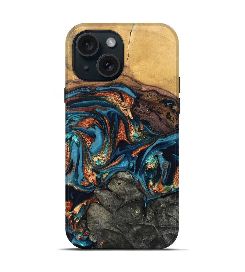 iPhone 15 Wood Live Edge Phone Case - Roy (Teal & Gold, 820715)
