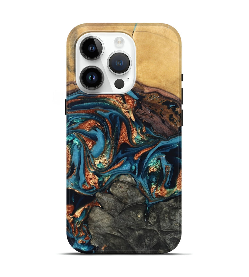 iPhone 15 Pro Wood Live Edge Phone Case - Roy (Teal & Gold, 820715)