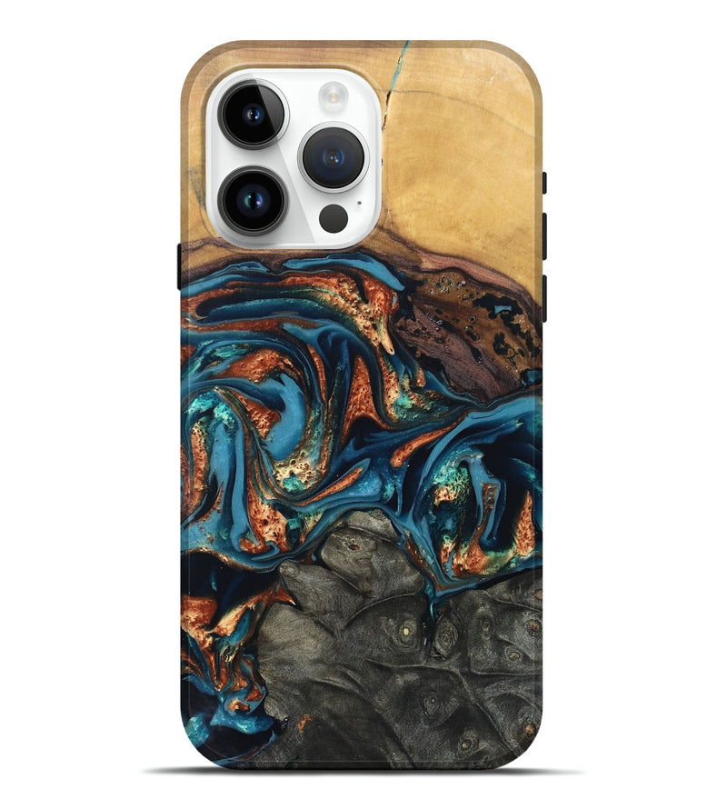 iPhone 15 Pro Max Wood Live Edge Phone Case - Roy (Teal & Gold, 820715)