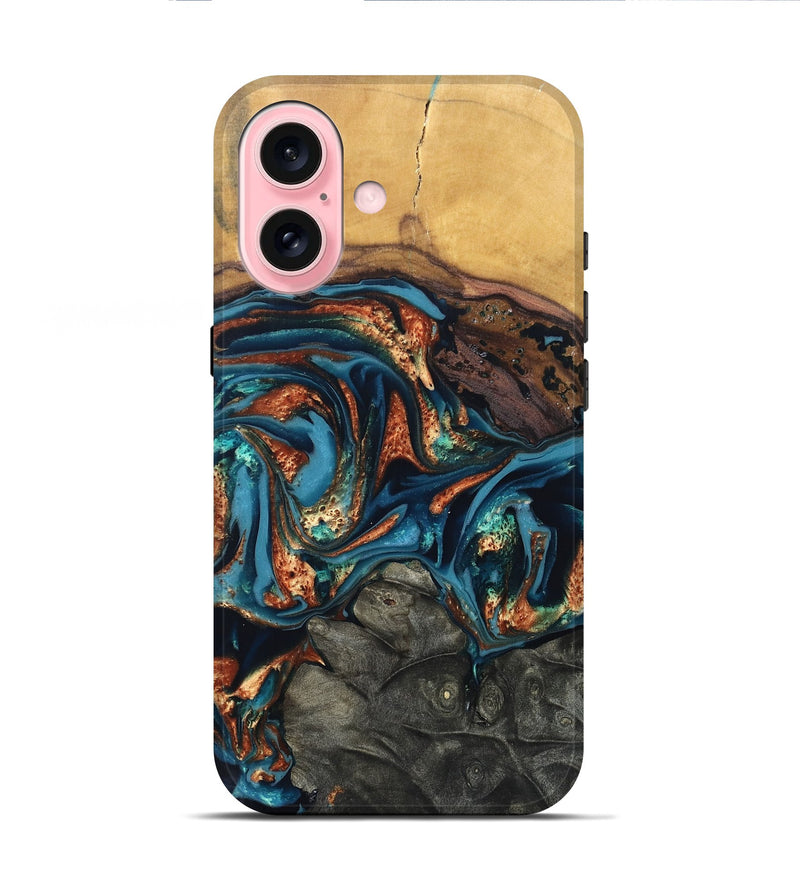 iPhone 16 Wood Live Edge Phone Case - Roy (Teal & Gold, 820715)
