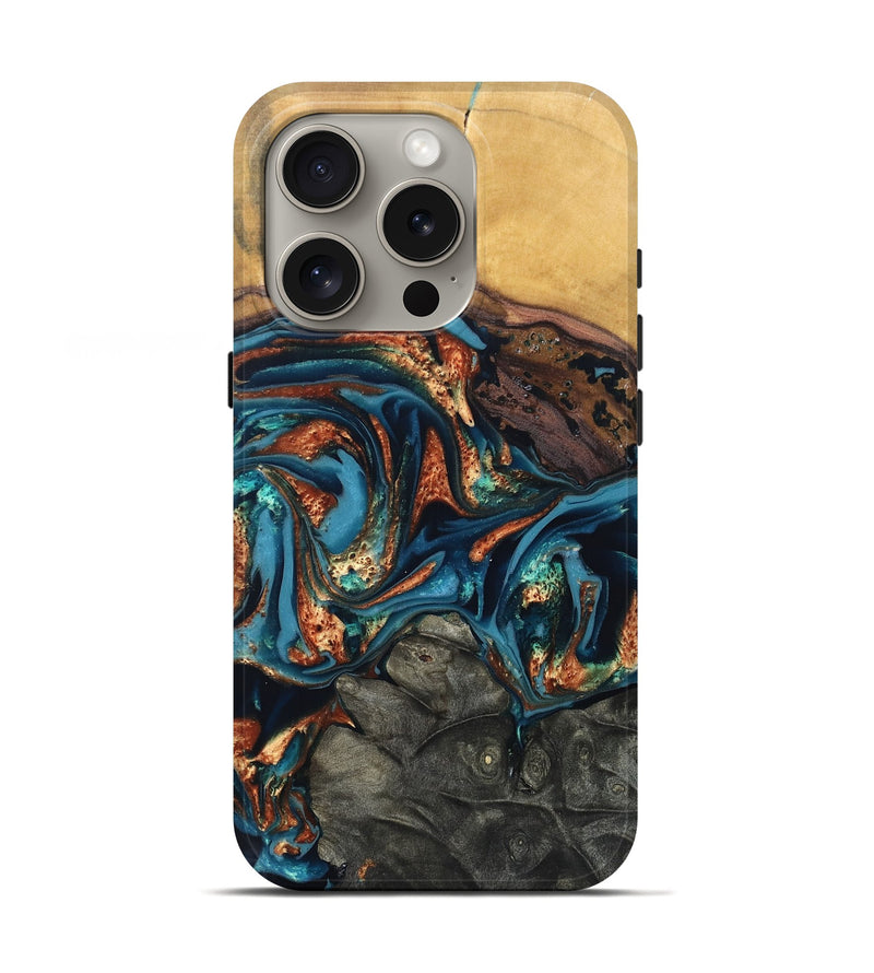 iPhone 16 Pro Wood Live Edge Phone Case - Roy (Teal & Gold, 820715)