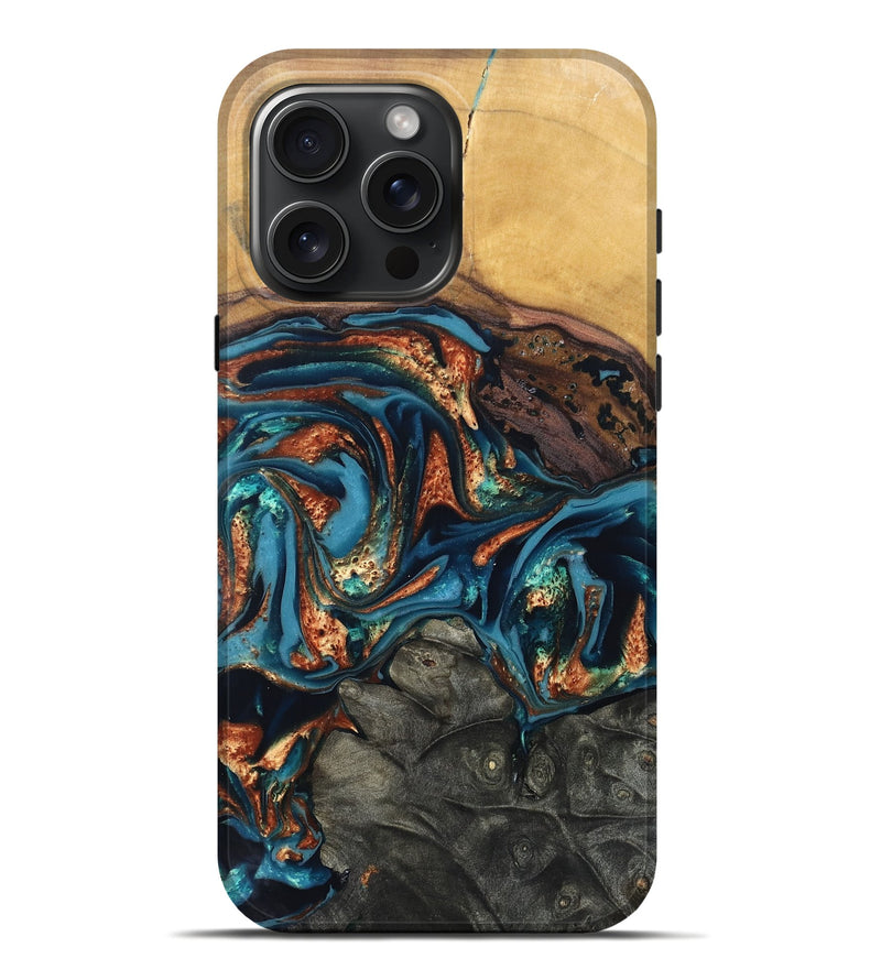 iPhone 16 Pro Max Wood Live Edge Phone Case - Roy (Teal & Gold, 820715)