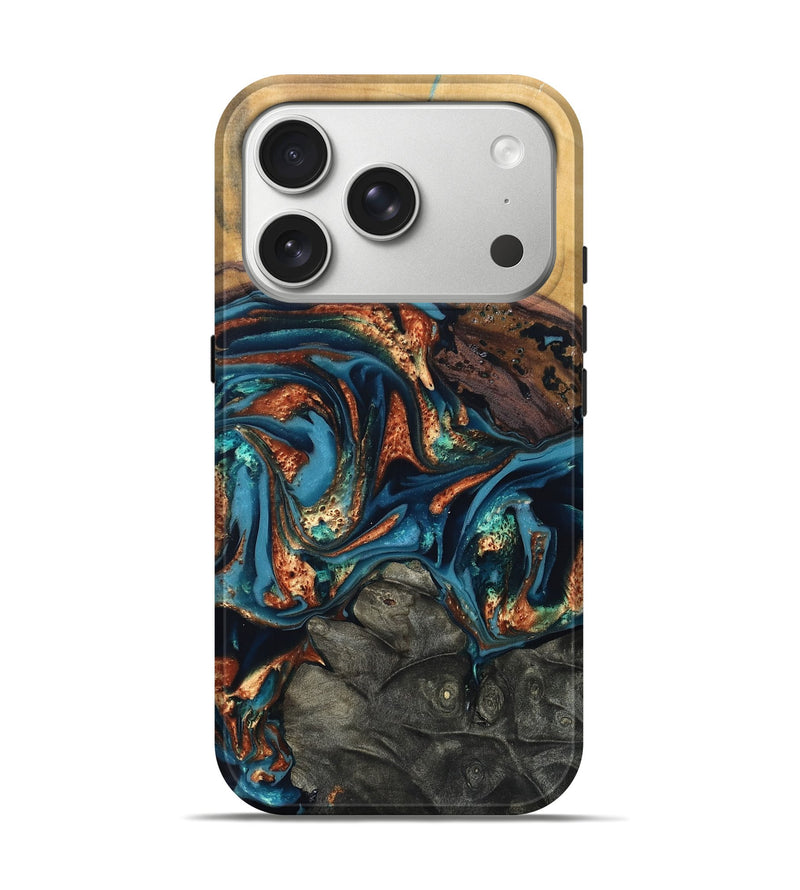 iPhone 17 Pro Wood Live Edge Phone Case - Roy (Teal & Gold, 820715)