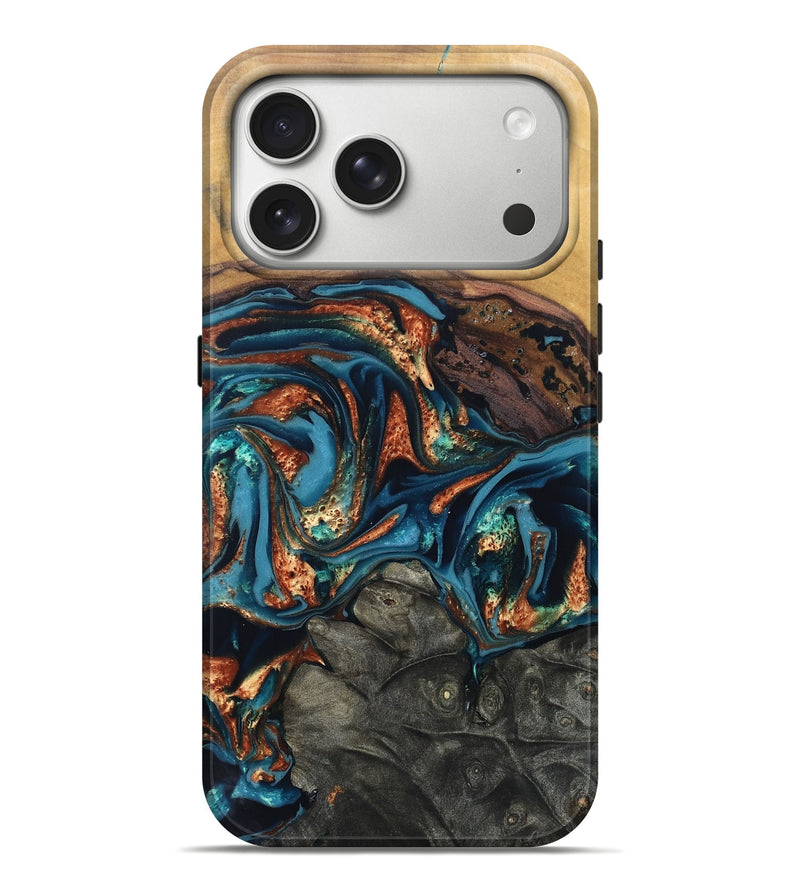 iPhone 17 Pro Max Wood Live Edge Phone Case - Roy (Teal & Gold, 820715)