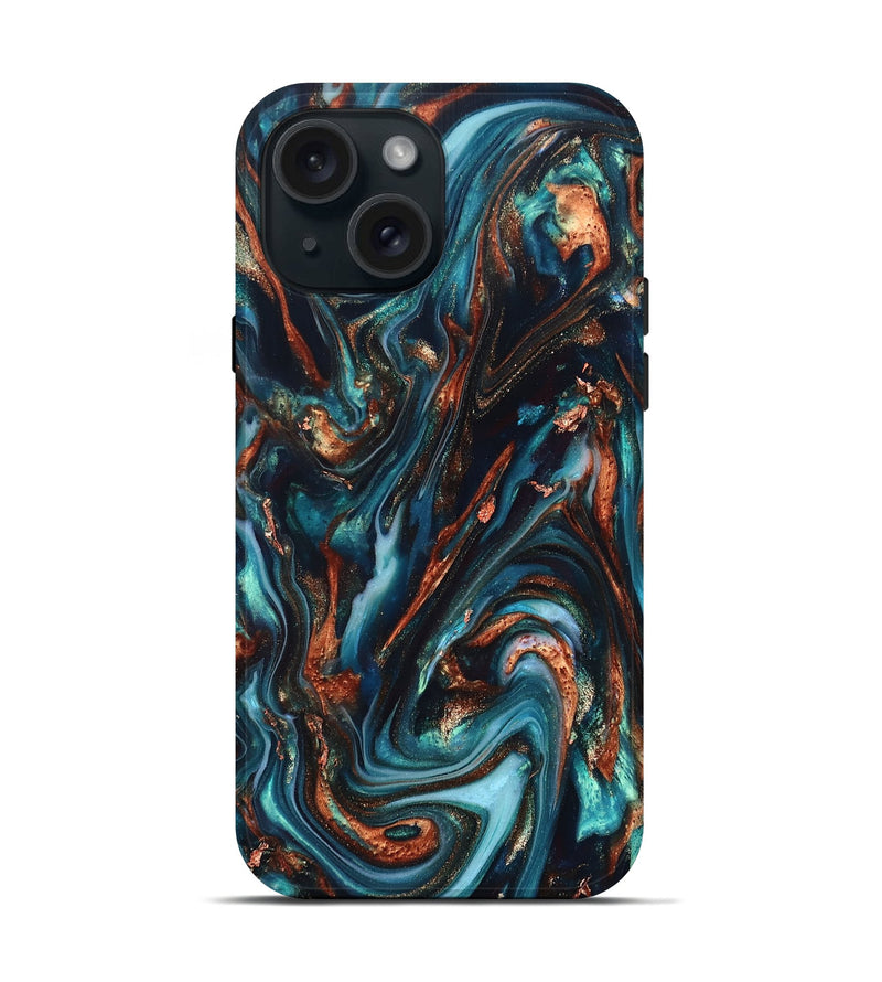 iPhone 15 ResinArt Live Edge Phone Case - Chaz (Teal & Gold, 820722)