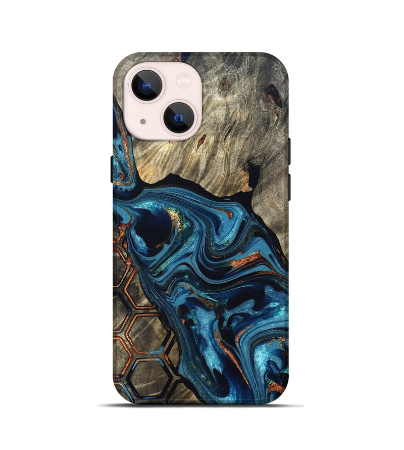 iPhone 13 mini Wood Live Edge Phone Case - Kala (Teal & Gold, 820729)
