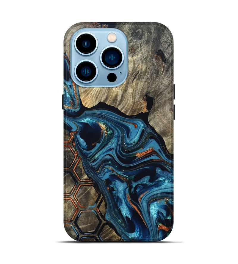 iPhone 14 Pro Wood Live Edge Phone Case - Kala (Teal & Gold, 820729)