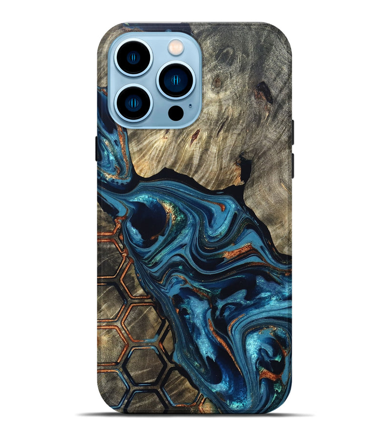 iPhone 14 Pro Max Wood Live Edge Phone Case - Kala (Teal & Gold, 820729)