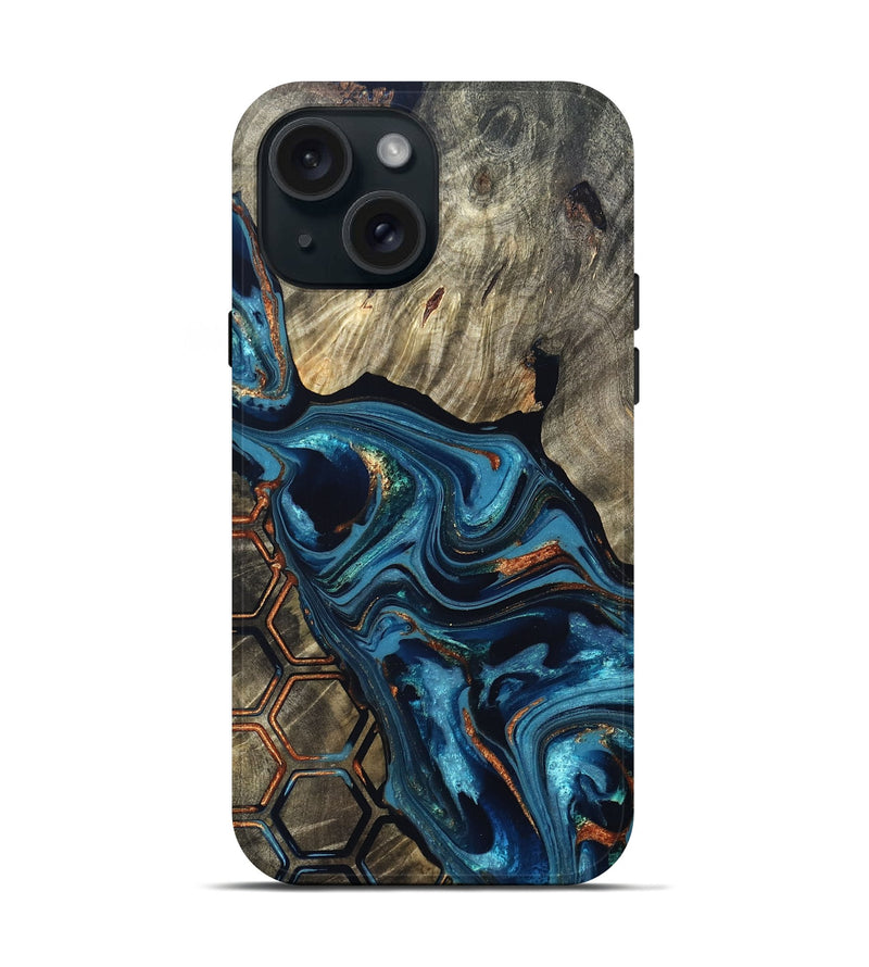 iPhone 15 Wood Live Edge Phone Case - Kala (Teal & Gold, 820729)