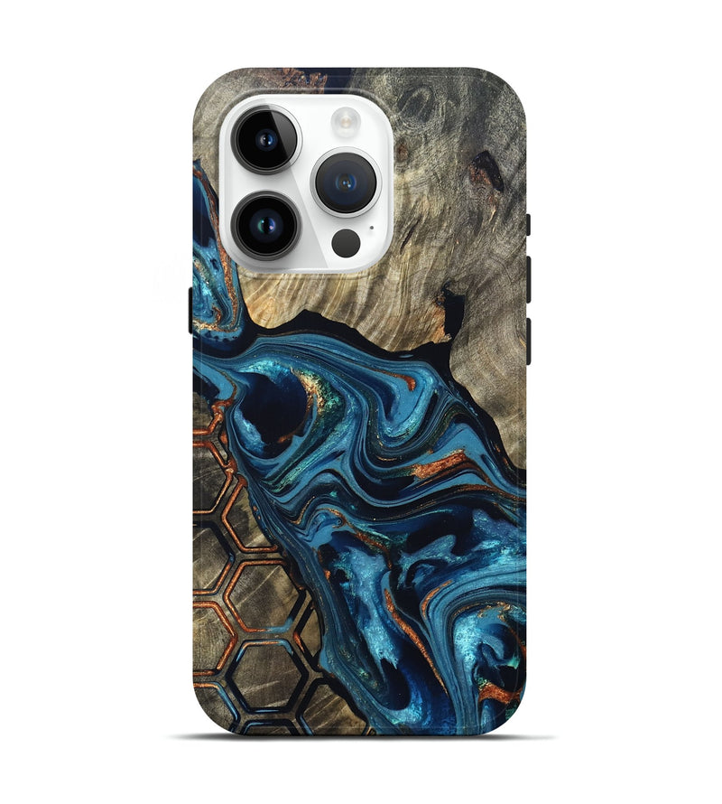 iPhone 15 Pro Wood Live Edge Phone Case - Kala (Teal & Gold, 820729)